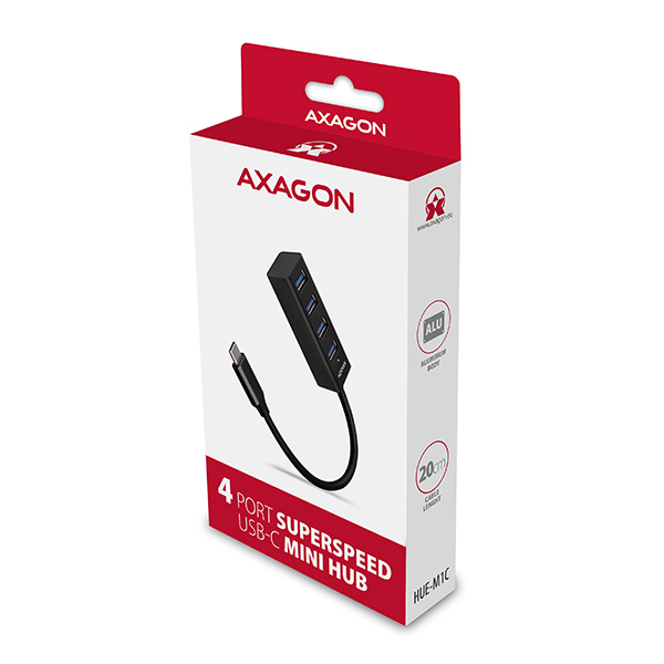 AXAGON HUE-M1C, 4x USB 3.2 Gen 1 MINI hub, kovový, kábel USB-C 20cm 