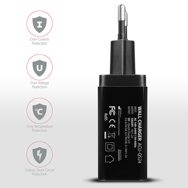 AXAGON ACU-QS24, QC & SMART nabíjačka do siete 24W, 2x USB-A port, QC3.0/ AFC/ FCP + 5V/ 1.2A 