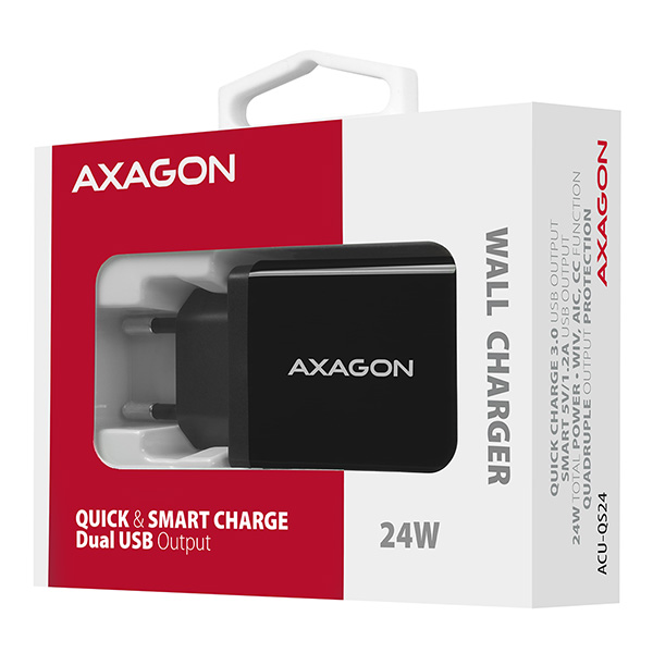 AXAGON ACU-QS24, QC & SMART nabíjačka do siete 24W, 2x USB-A port, QC3.0/ AFC/ FCP + 5V/ 1.2A 