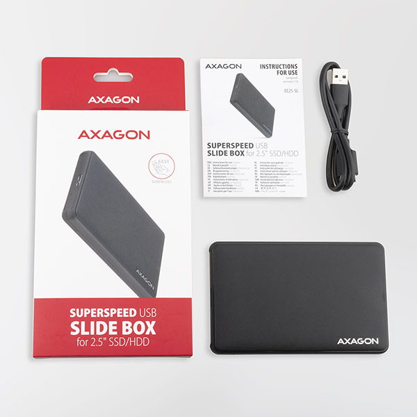 AXAGON EE25-SL, USB 3.2 Gen 1 - SATA 6G, 2.5" SLIDE box, bezšroubkový, černý 