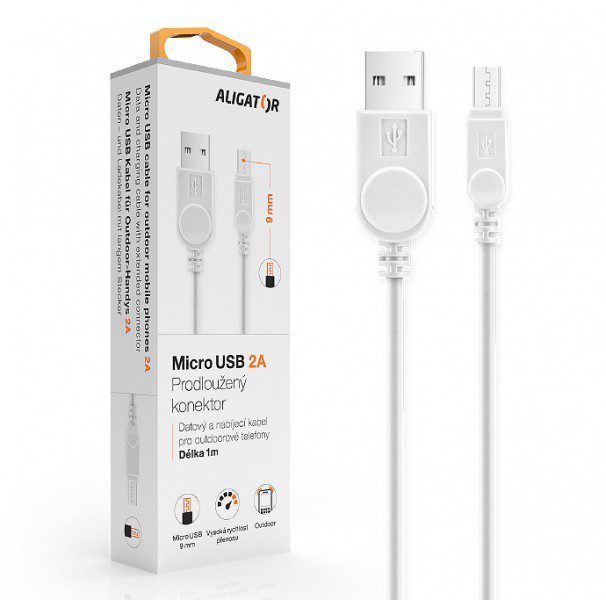 Aligator kábel microUSB predĺžený kon. 9mm Biely 