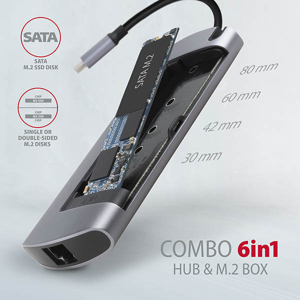 AXAGON HMC-6M2, USB 3.2 Gen 1 hub, 2x USB-A, HDMI, RJ-45 GLAN, SATA M.2, PD 100W, kábel USB-C 18cm 