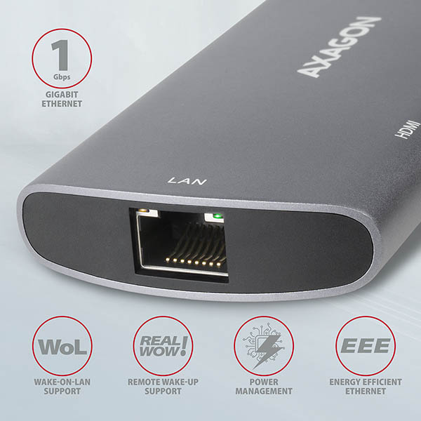 AXAGON HMC-6M2, USB 3.2 Gen 1 hub, 2x USB-A, HDMI, RJ-45 GLAN, SATA M.2, PD 100W, kábel USB-C 18cm 
