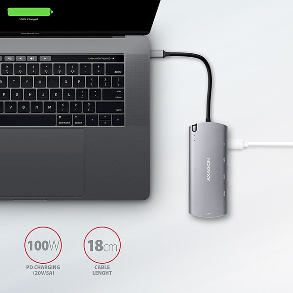 AXAGON HMC-6M2, USB 3.2 Gen 1 hub, 2x USB-A, HDMI, RJ-45 GLAN, SATA M.2, PD 100W, kábel USB-C 18cm 