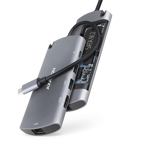 AXAGON HMC-6M2, USB 3.2 Gen 1 hub, 2x USB-A, HDMI, RJ-45 GLAN, SATA M.2, PD 100W, kábel USB-C 18cm