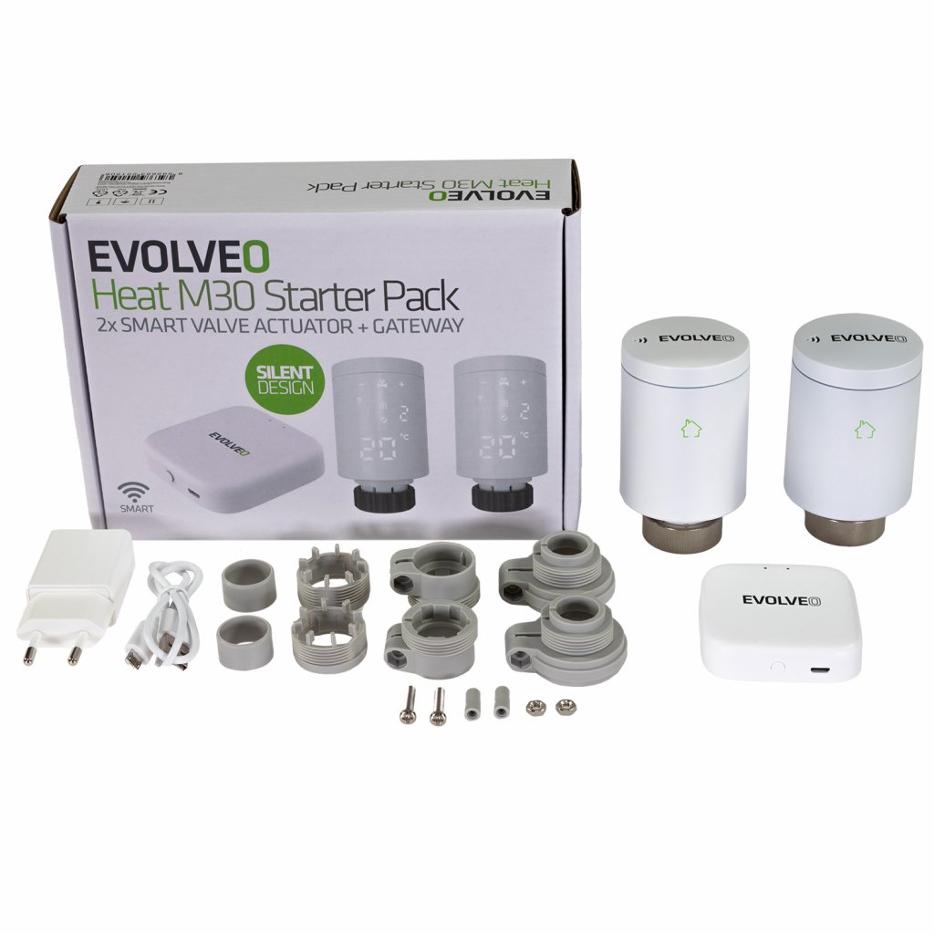 EVOLVEO Heat M30 Starter Pack, 2× chytrá termostatická hlavice na radiátor & centrální jednotka 