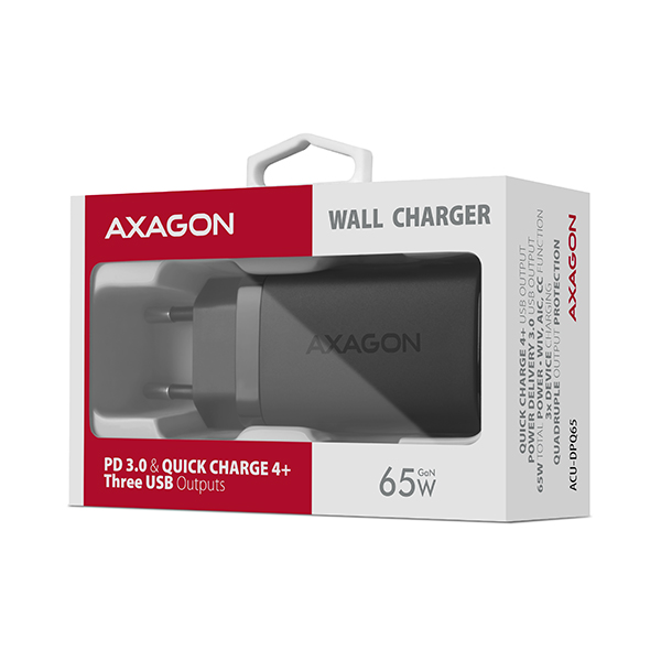 AXAGON ACU-DPQ65, GaN nabíjačka do siete 65W, 3x port (USB-A + dual USB-C), PD3.0/ QC4+/ PPS/ Apple 