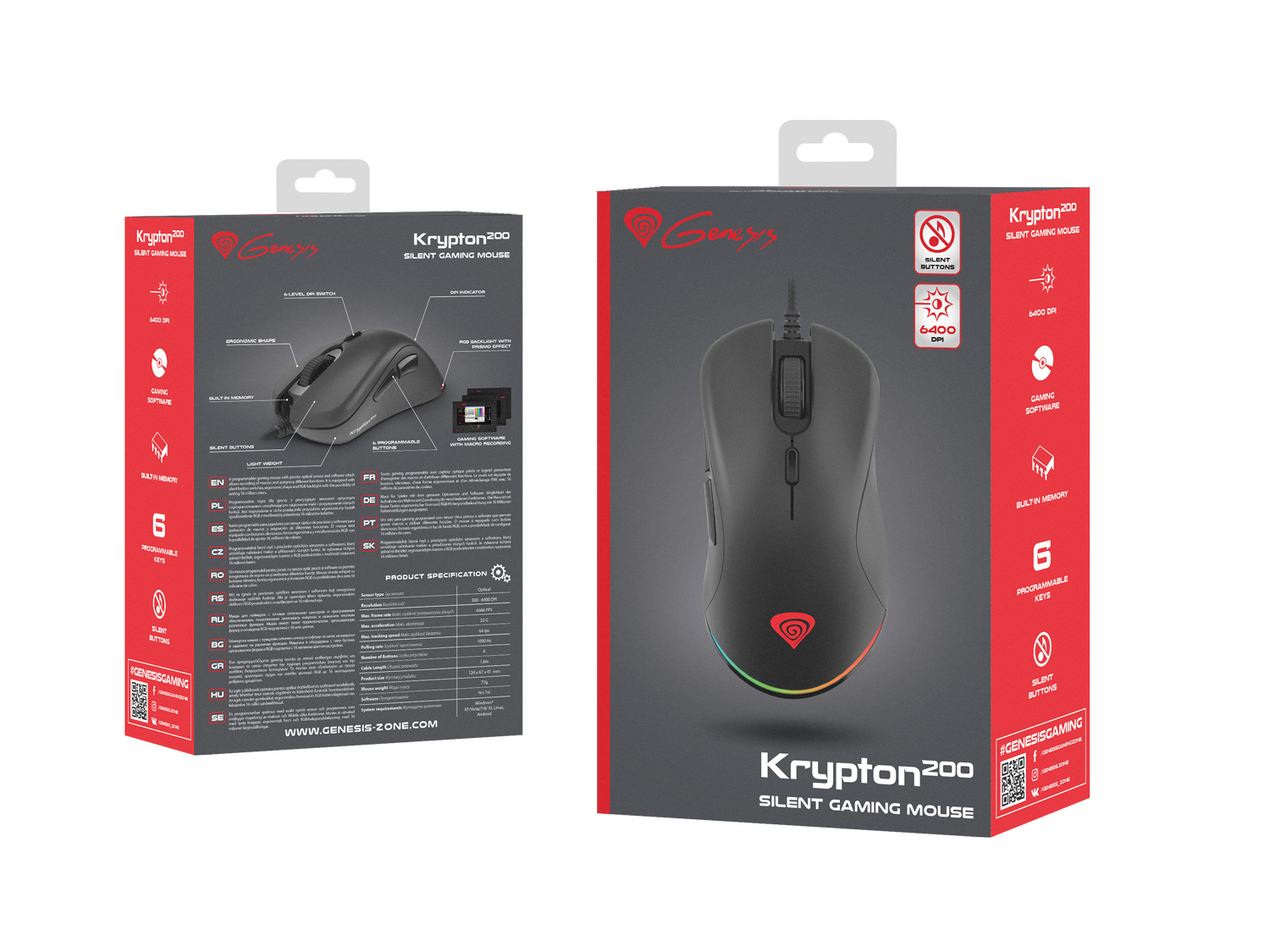 Genesis herná optická myš KRYPTON 200/ RGB/ 6400 DPI/ Herná/ Optická/ 6 000 DPI/ Drôtová USB/ Čierna 