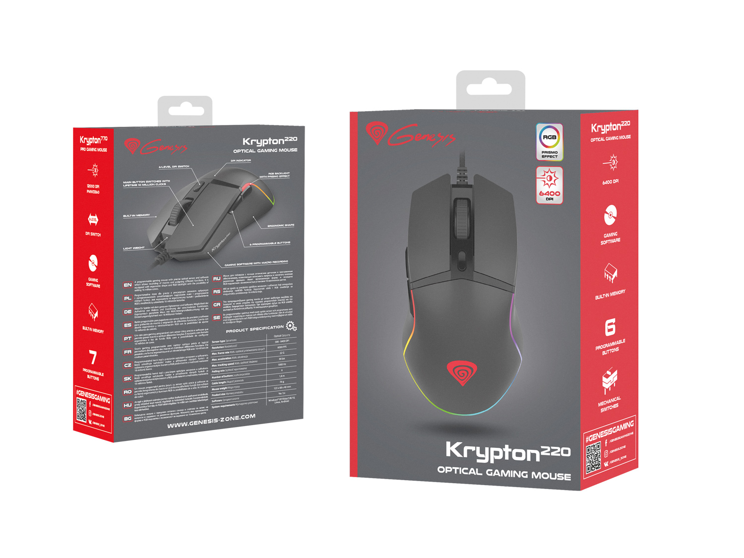Genesis herná optická myš KRYPTON 220/ RGB/ 6400 DPI/ Herná/ Optická/ 6 000 DPI/ Drôtová USB/ Čierna 