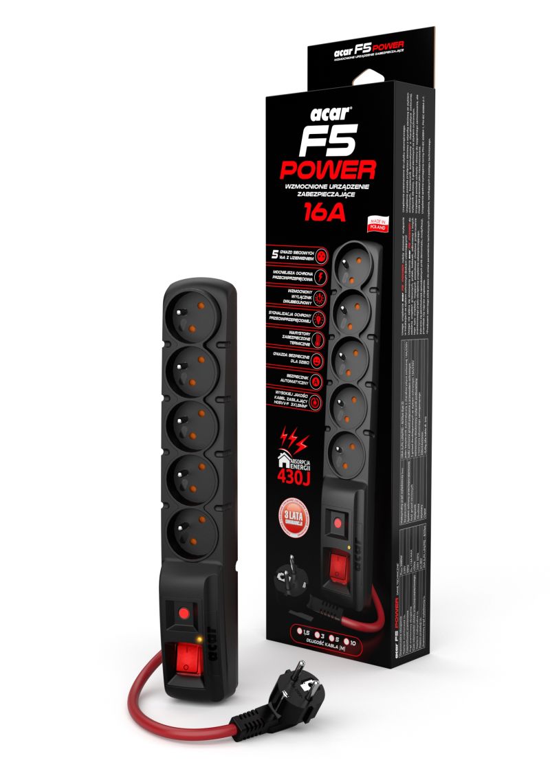 Acar F5 1.5m kábel, 5 zásuviek, prepäťová ochrana, max.prúd 16A, čierny 