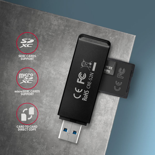 AXAGON CRE-S2N, USB-A 3.2 Gen 1 - SUPERSPEED čítačka kariet, 2-slot & lun SD/ microSD, podpora UHS-I 