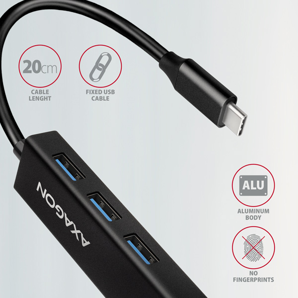 AXAGON HMC-GL3A, USB 3.2 Gen 1 hub, porty 3x USB-A + Gigabit Ethernet, kovový, kábel USB-C 20cm 