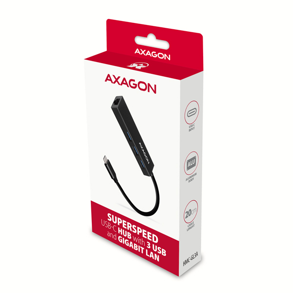AXAGON HMC-GL3A, USB 3.2 Gen 1 hub, porty 3x USB-A + Gigabit Ethernet, kovový, kábel USB-C 20cm 