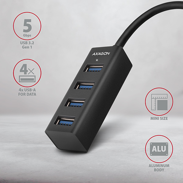 AXAGON HUE-M1AL, 4x USB 3.2 Gen 1 MINI hub, kovový, kábel USB-A 1.2m 
