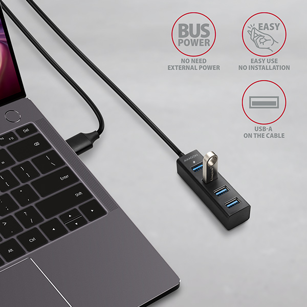 AXAGON HUE-M1AL, 4x USB 3.2 Gen 1 MINI hub, kovový, kábel USB-A 1.2m 