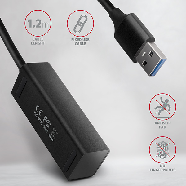 AXAGON HUE-M1AL, 4x USB 3.2 Gen 1 MINI hub, kovový, kábel USB-A 1.2m 