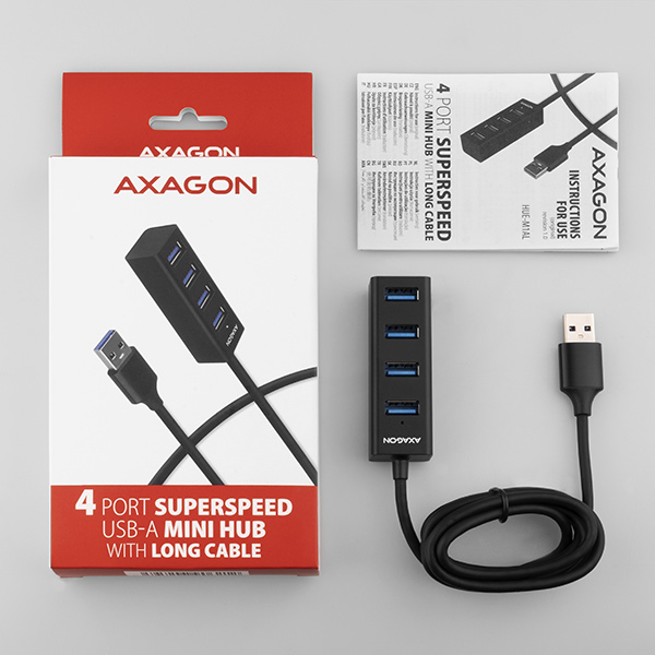 AXAGON HUE-M1AL, 4x USB 3.2 Gen 1 MINI hub, kovový, kábel USB-A 1.2m 