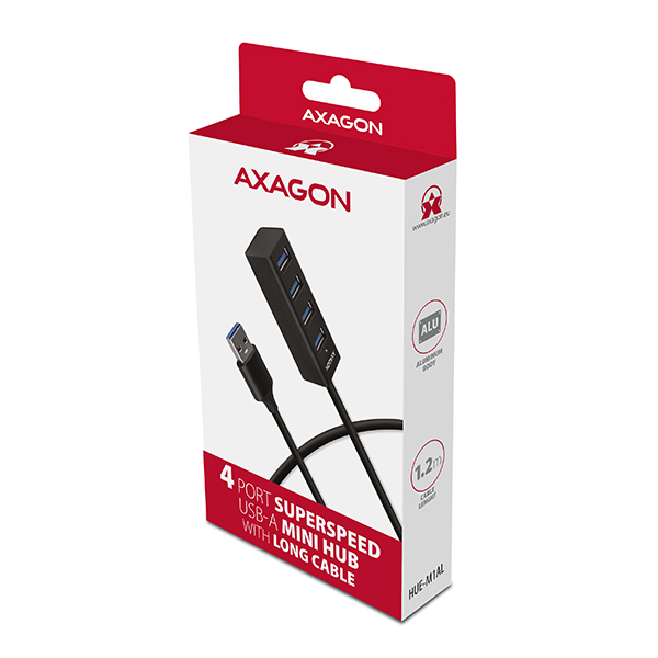 AXAGON HUE-M1AL, 4x USB 3.2 Gen 1 MINI hub, kovový, kábel USB-A 1.2m 