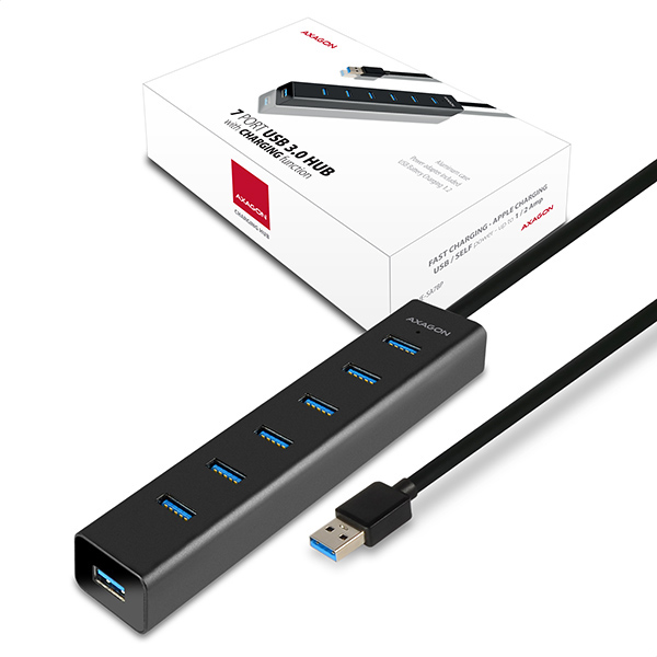 AXAGON HUE-SA7BP, 7x USB 3.0 ALU CHARGING hub, vr. AC adaptéra, kábel USB-A 40cm
