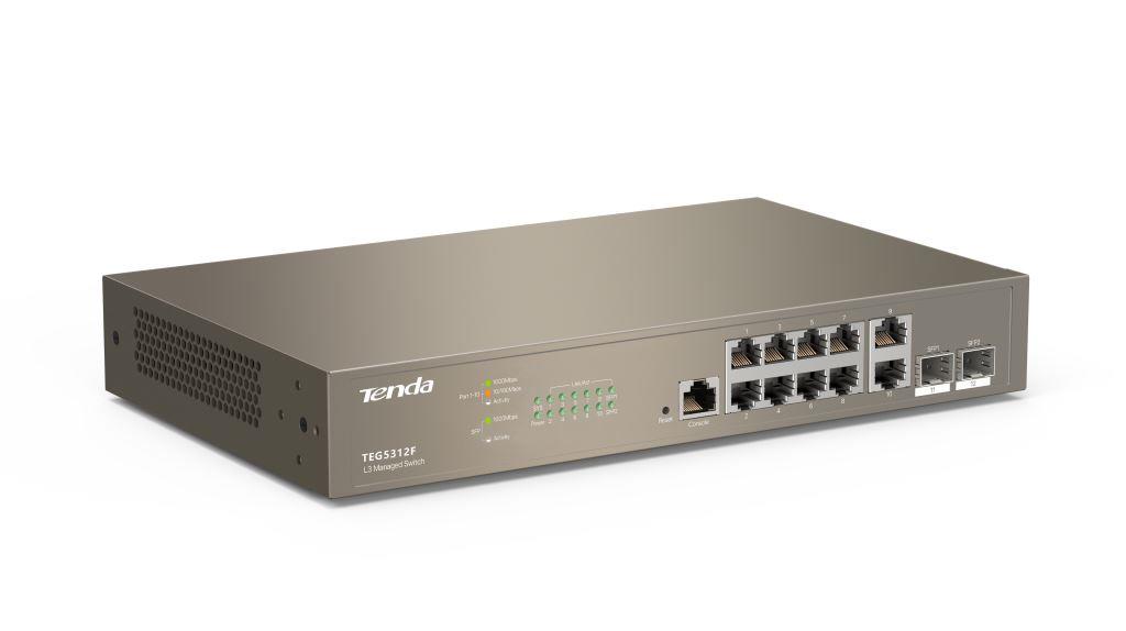 Tenda TEG5312F Gigabit L3 Managed Switch, 10x RJ45 1Gb/ s, 2x SFP, STP, RSTP, MSTP, IGMP, VLAN, Rack 