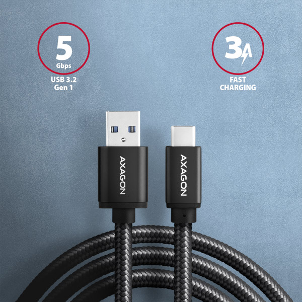 AXAGON BUCM3-AM20AB, SPEED kábel USB-C <-> USB-A, 2m, USB 3.2 Gen 1, 3A, ALU, oplet, čierny 