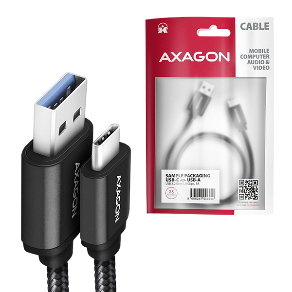 AXAGON BUCM3-AM20AB, SPEED kábel USB-C <-> USB-A, 2m, USB 3.2 Gen 1, 3A, ALU, oplet, čierny 
