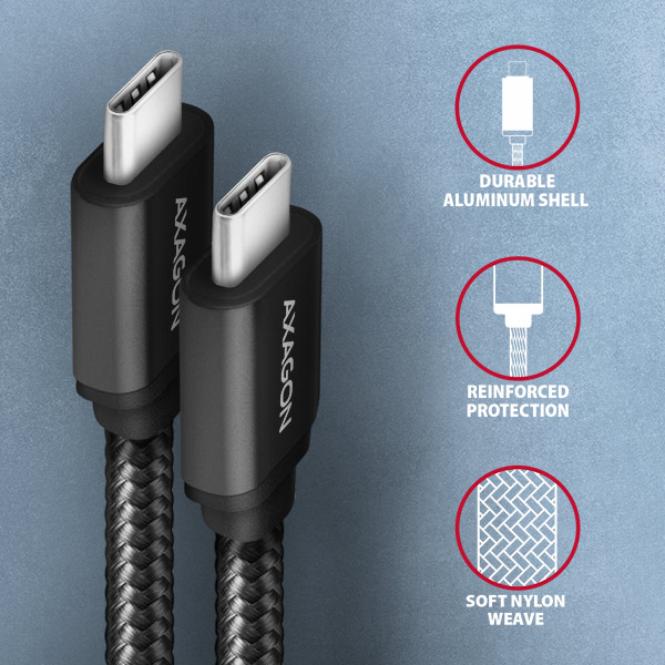 AXAGON BUCM3-CM10AB, SPEED kábel USB-C <-> USB-C, 1m, USB 3.2 Gen 1, PD 60W 3A, ALU, oplet, čierny 