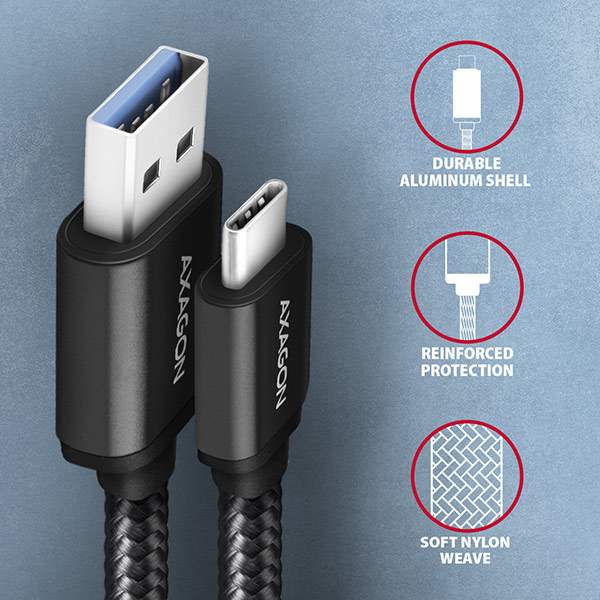 AXAGON BUCM3-AM10AB, SPEED kábel USB-C <-> USB-A, 1m, USB 3.2 Gen 1, 3A, ALU, oplet, čierny 