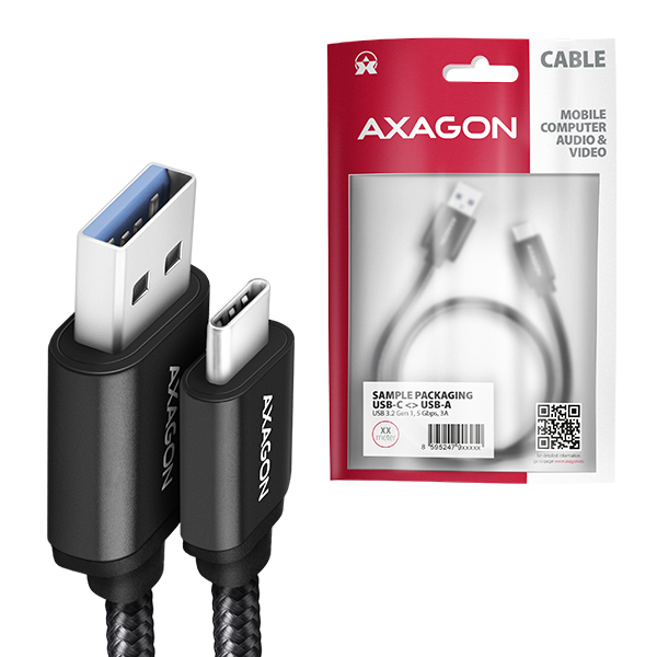 AXAGON BUCM3-AM10AB, SPEED kábel USB-C <-> USB-A, 1m, USB 3.2 Gen 1, 3A, ALU, oplet, čierny 