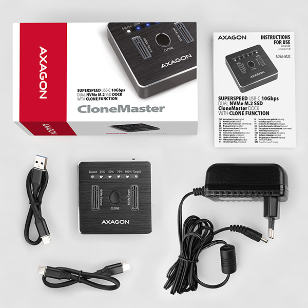 AXAGON ADSA-M2C, USB-C 3.2 Gen 2 - 2x M.2 NVMe SSD CLONE MASTER dokovacia stanica 