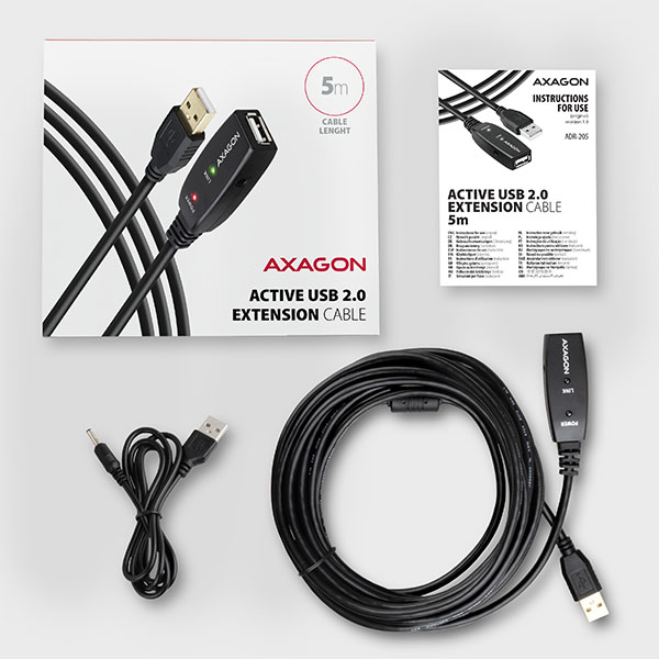 AXAGON ADR-205, USB 2.0 A-M -> A-F aktívny predlžovací / repeater kábel, 5m 