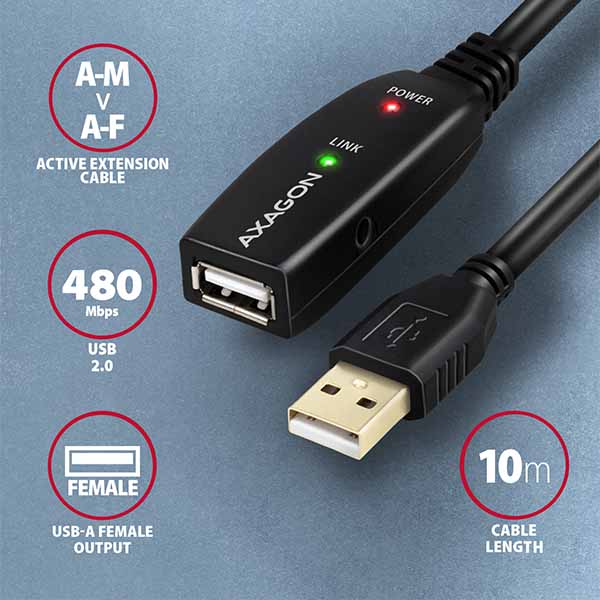 AXAGON ADR-210, USB 2.0 A-M -> A-F aktívny predlžovací / repeater kábel, 10m 