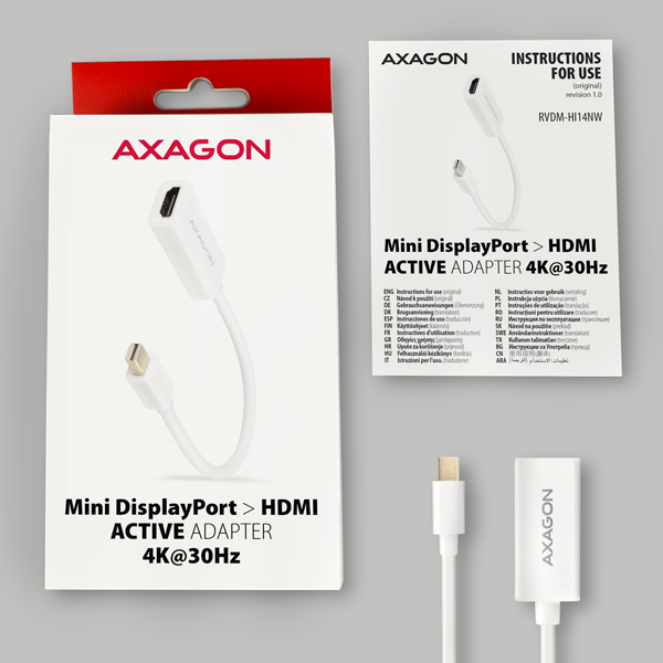 AXAGON RVDM-HI14NW, Mini DisplayPort -> HDMI 1.4 redukce / adaptér, 4K/ 30Hz, bílý 