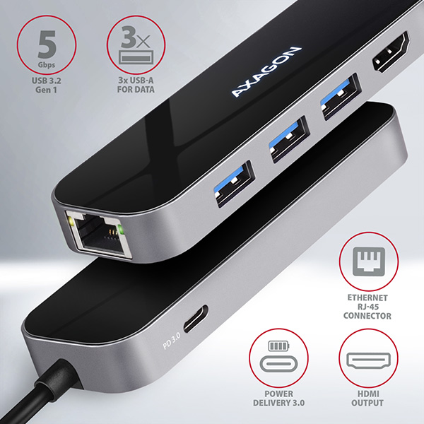 AXAGON HMC-6GL, USB 3.2 Gen 1 hub, 3x USB-A, HDMI 4k/ 30Hz, RJ-45 GLAN, PD 100W, kábel USB-C 20cm 
