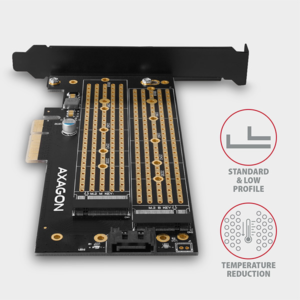 AXAGON PCEM2-D, PCIe x4 - M.2 NVMe M-key + SATA B-key slot adaptér, vr. LP 