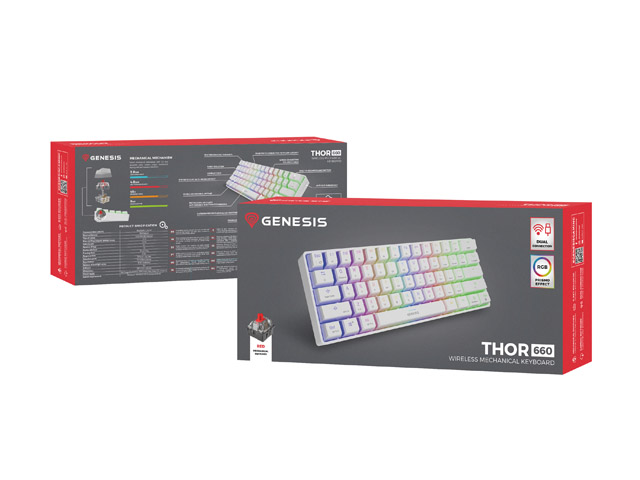 Genesis herní klávesnice THOR 660 RGB/ Bezdrátová Bluetooth/ US layout/ Bílá 