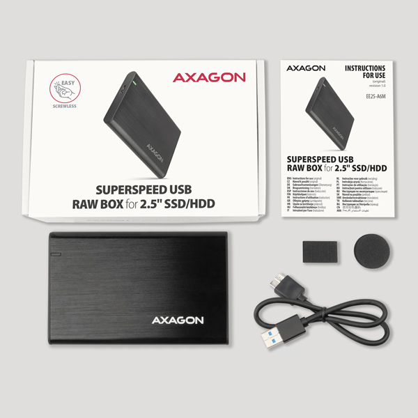 AXAGON EE25-A6M, USB 3.2 Gen 1 - SATA 6G 2.5" kovový RAW box, bezskrutkový 