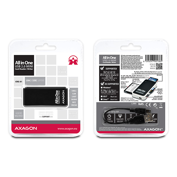 AXAGON CRE-X1, USB 2.0 externá MINI čítačka 5-slot ALL-IN-ONE 
