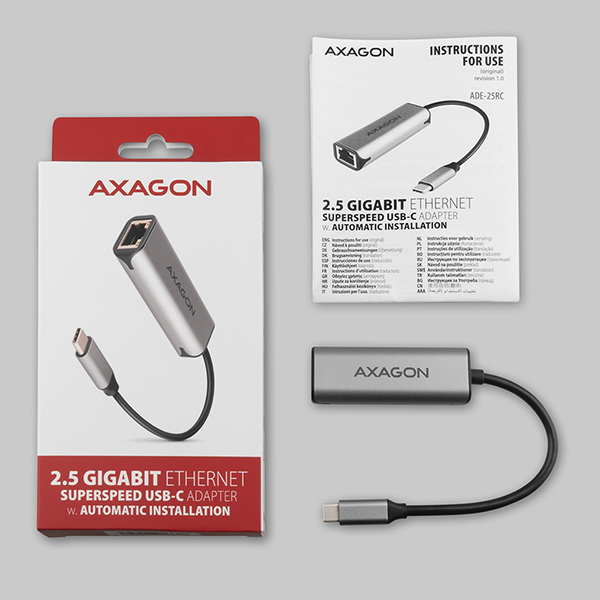 AXAGON ADE-25RC USB-A 3.2 Gen 1 - 2.5 Gigabit Ethernet sieťová karta, Realtek 8156, auto install, šedá 