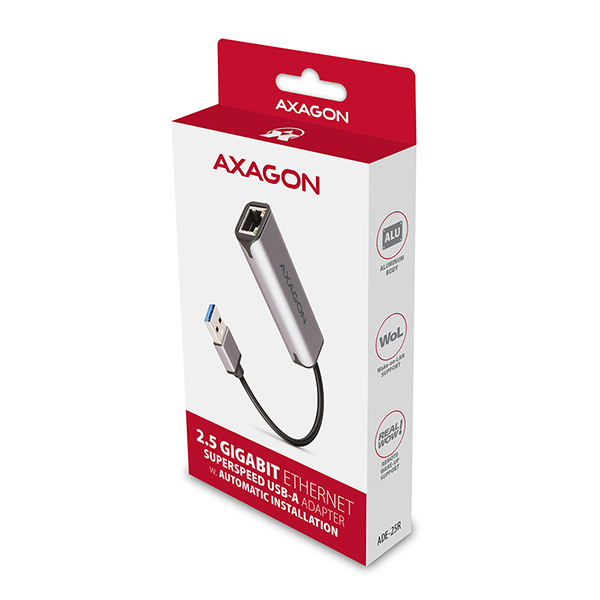 AXAGON ADE-25R USB-A 3.2 Gen 1 - 2.5 Gigabit Ethernet sieťová karta, Realtek 8156, auto install, sivá 