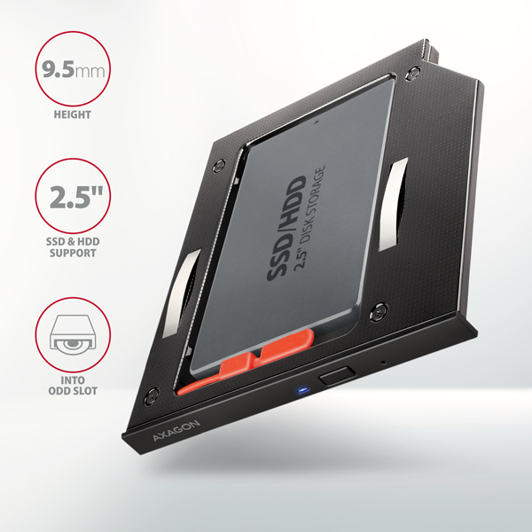 AXAGON RSS-CD09 rámček pre 2.5" SSD/ HDD do DVD slotu, 9.5 mm, LED, hliník 
