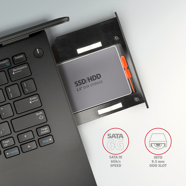 AXAGON RSS-CD09 rámček pre 2.5" SSD/ HDD do DVD slotu, 9.5 mm, LED, hliník 
