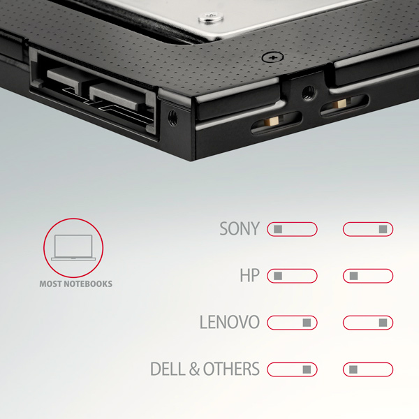 AXAGON RSS-CD09 rámček pre 2.5" SSD/ HDD do DVD slotu, 9.5 mm, LED, hliník 