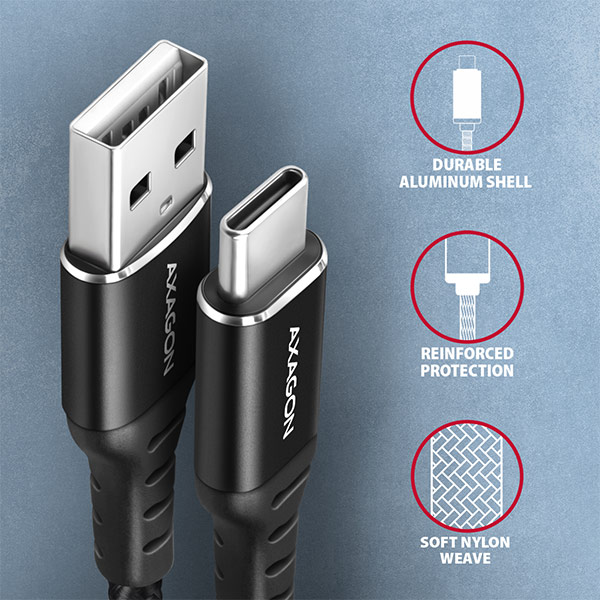 AXAGON BUCM-AM10AB, HQ kabel USB-C <-> USB-A, 1m, USB 2.0, 3A, ALU, oplet, černý 