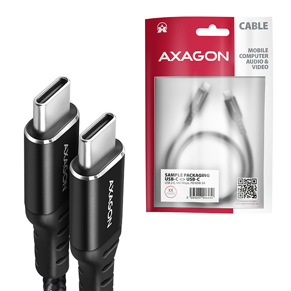 AXAGON BUCM-CM30AB, HQ kabel USB-C <-> USB-C, 3m, USB 2.0, PD 60W 3A, ALU, oplet, černý 