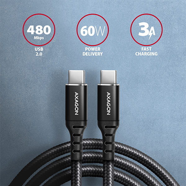 AXAGON BUCM-CM20AB, HQ kábel USB-C <-> USB-C, 2m, USB 2.0, PD 60W 3A, ALU, oplet, čierny 