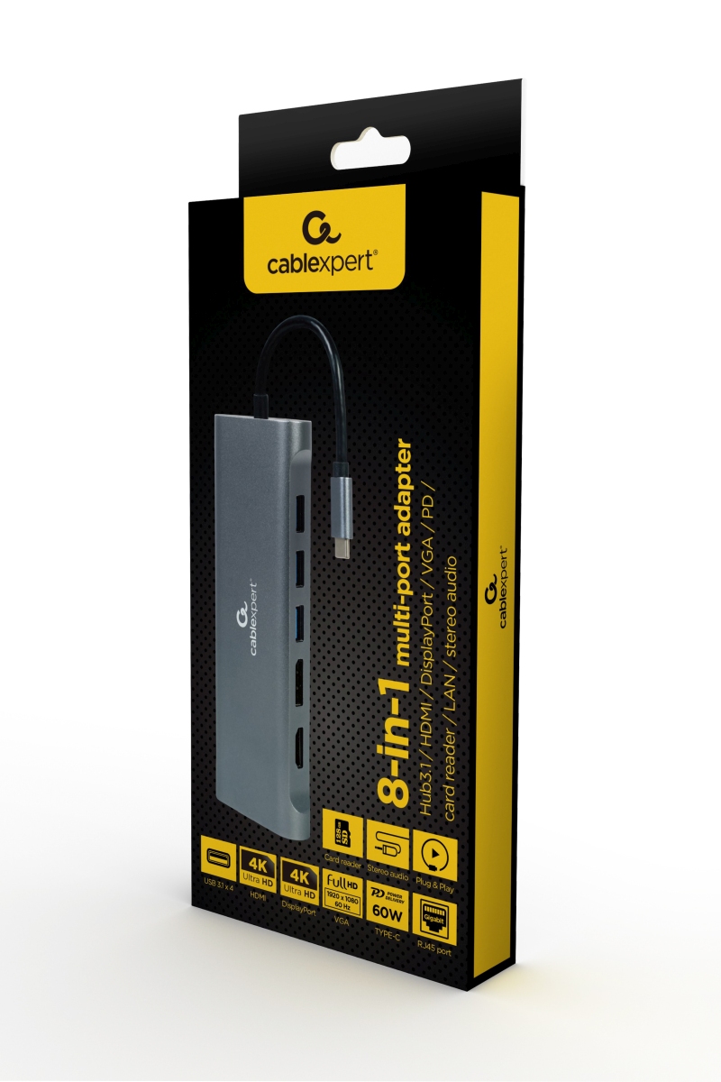 Gembird USB-C 8v1 multiport USB 3.0 + HDMI + DisplayPort + VGA + PD + čítačka kariet + LAN + audio 