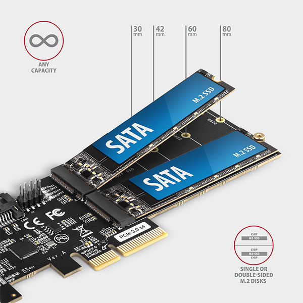 AXAGON PCES-SA4M2, PCIe radič - 2x interný SATA 6G port + 2x SATA M.2 slot, ASM1164, SP & LP 