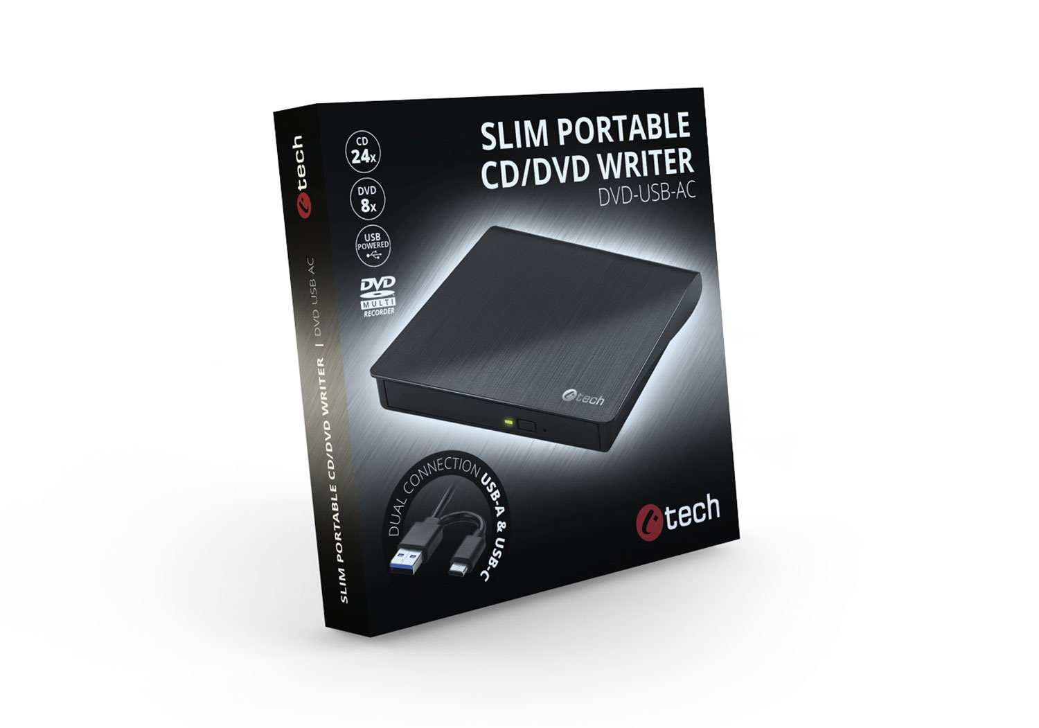 Externá DVD napaľovačka C-tech DVD-USB-AC, USB 2.0, USB A/ Type C 