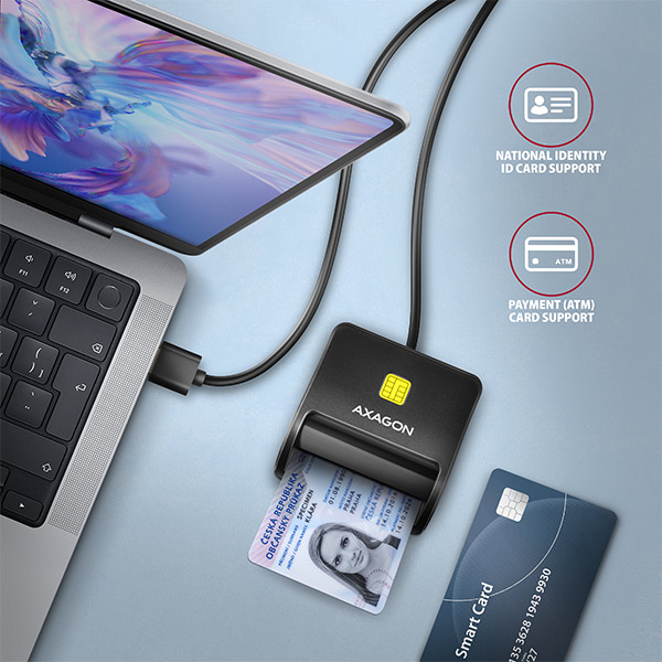 AXAGON CRE-SM3SD, USB-A FlatReader čítačka Smart card (eObčanka) + SD/ microSD/ SIM, kábel 1.3 m 